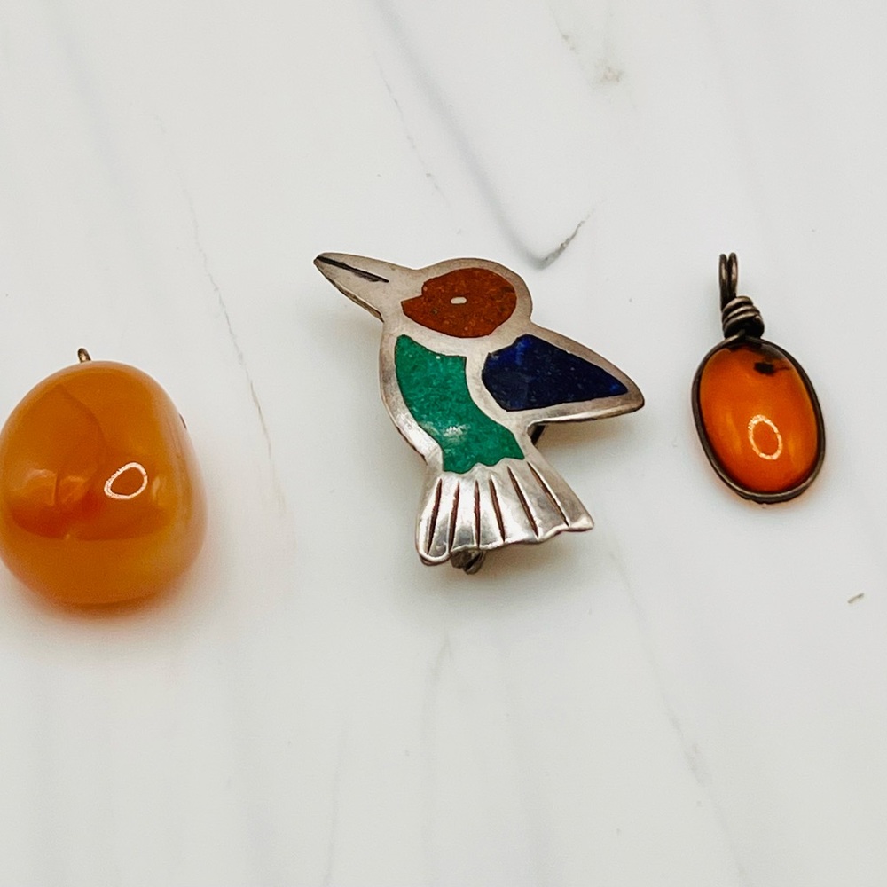Bundle of 3 Handcrafted Pendants -Silver, Amber & Stone EUC - Picture 4 of 4